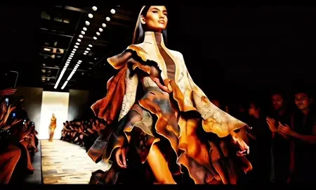 A model walks a runway in a flowing patterned outfit.