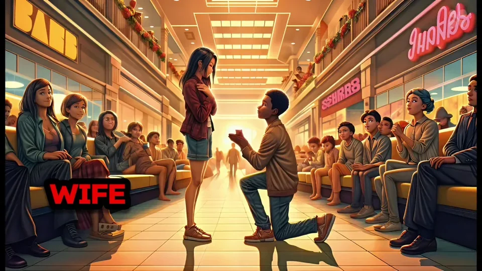 A man kneels to propose to a woman in a busy shopping centre.