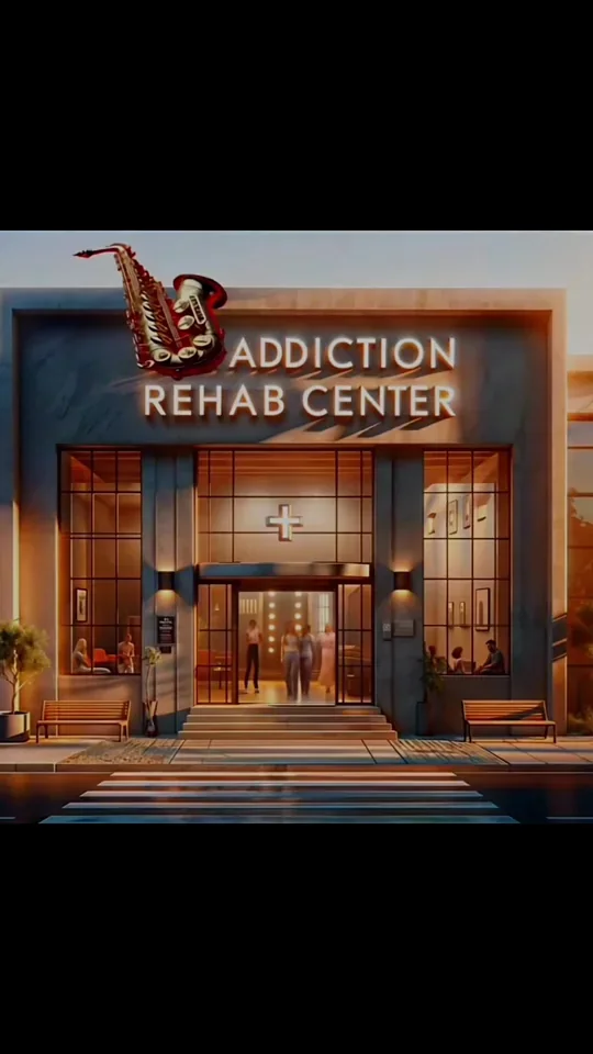 An illuminated entrance marked Addiction Rehab Center.