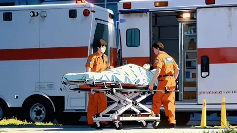 Paramedics wheel a stretcher beside an ambulance.