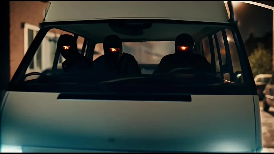 Three hooded figures with glowing eyes sit inside a van.