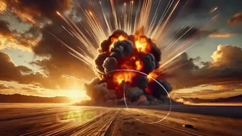 A fiery explosion rises over a desert at sunset.