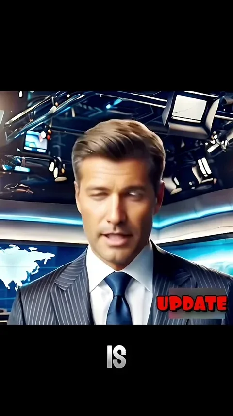 A news presenter in a suit appears in a brightly lit studio.
