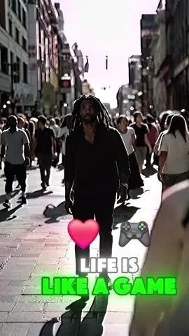 A man walks through a busy city street above Life is like a game.