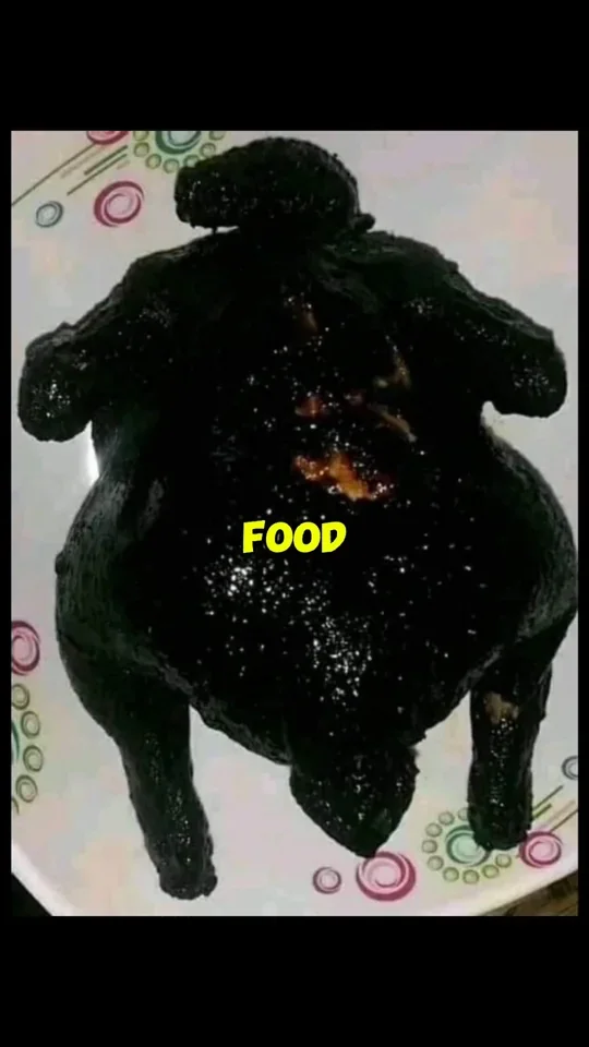 Dark roasted food on a plate above the word Food.