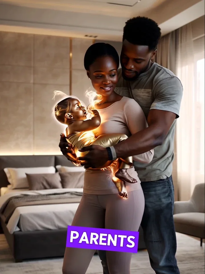 A couple hold a baby in a living room.