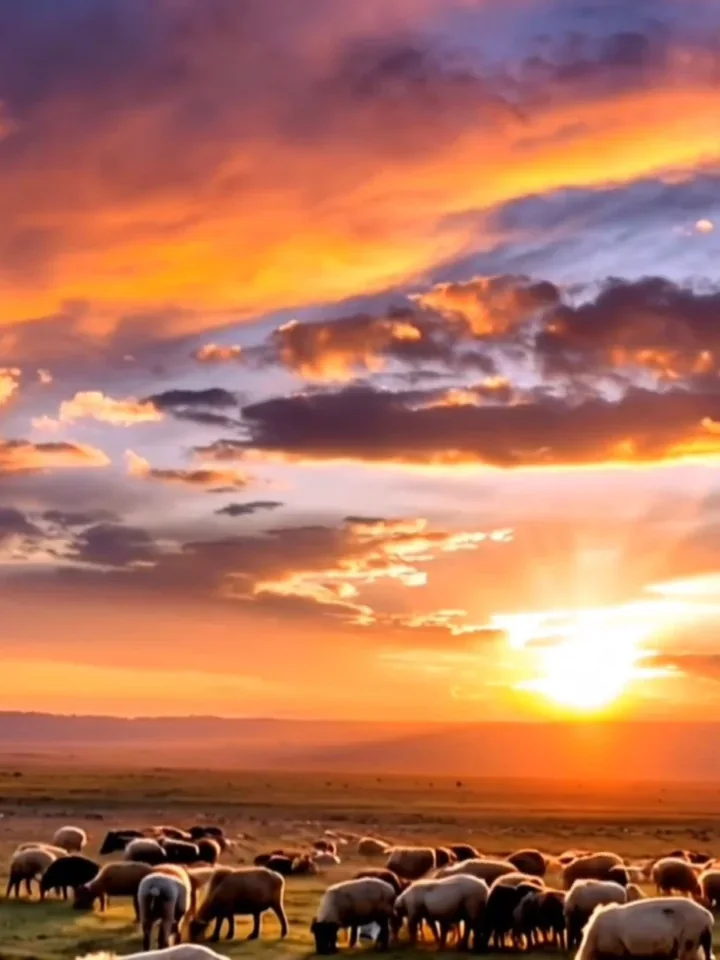 A flock of sheep beneath an orange sunset.