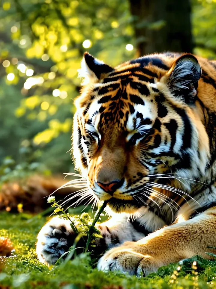 A tiger rests in sunlit grass.