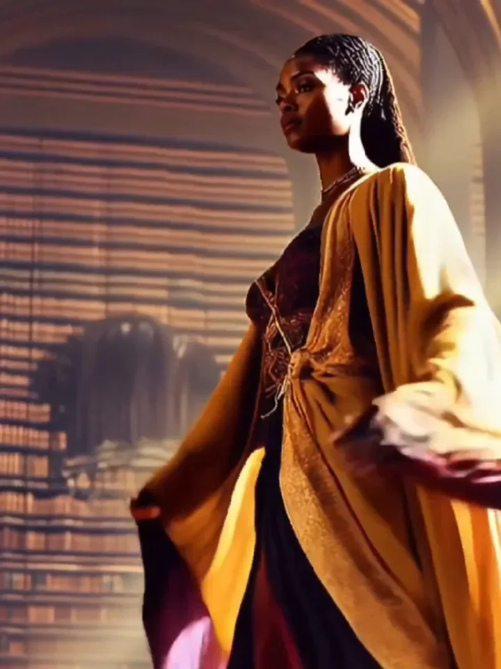 A robed man stands in a warmly lit interior.