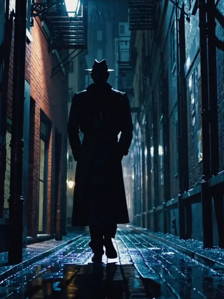 A figure in a coat and hat walks through a dark, wet alley.
