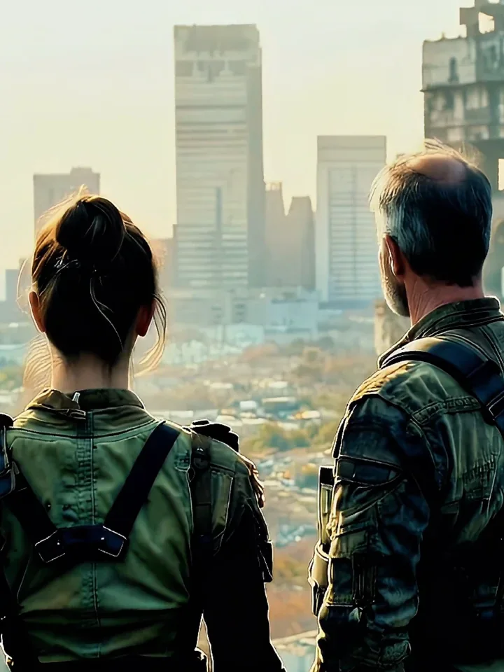Two travellers look out over a ruined city.