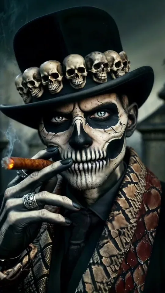 A skull-faced character wears a skull-trimmed top hat and holds a cigar.