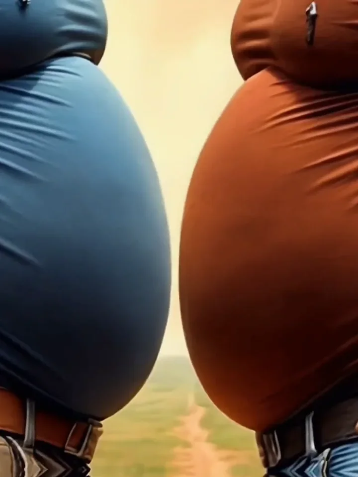 Two rounded bellies in blue and orange shirts face each other.
