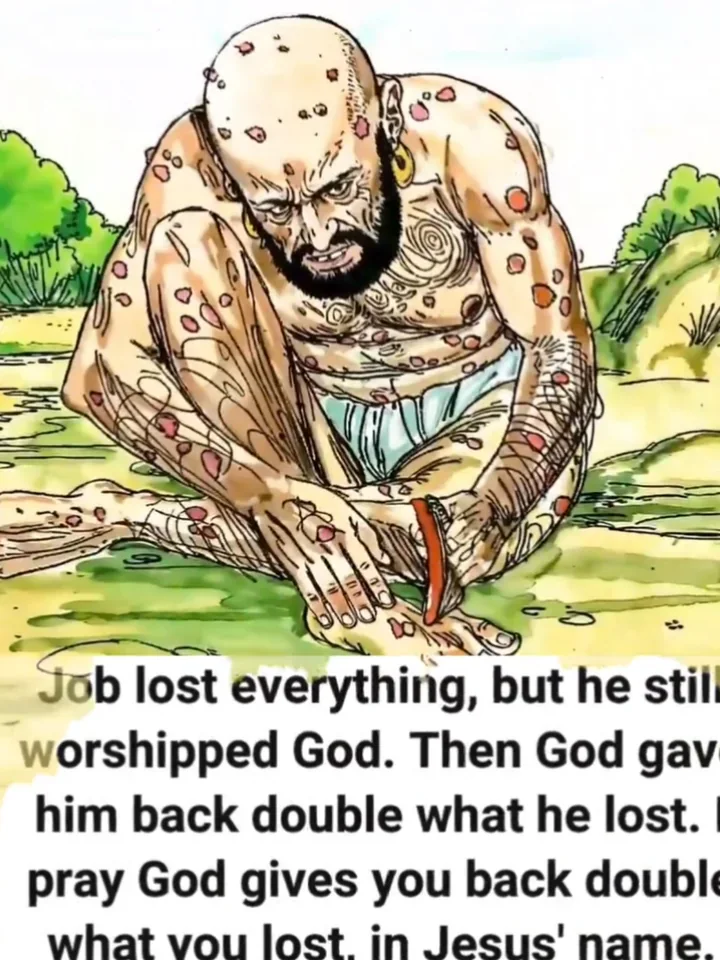 An illustration of Job kneeling, accompanied by a message about faith.