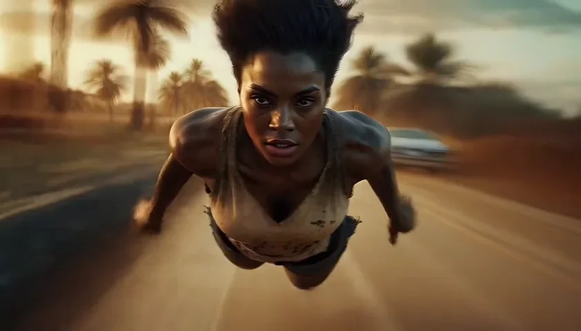 A woman flies low over a road in golden evening light.