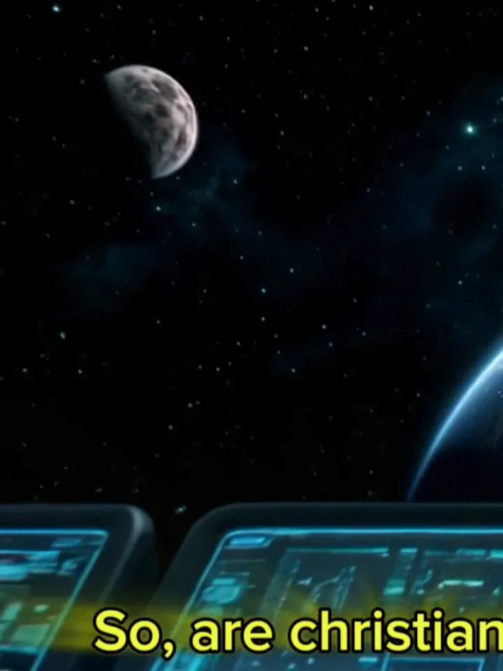 A moon and planets seen above spacecraft control panels.