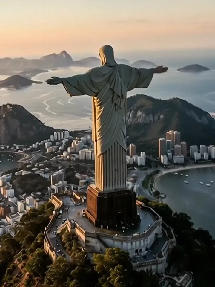A statue with outstretched arms overlooks a coastal city at sunset.