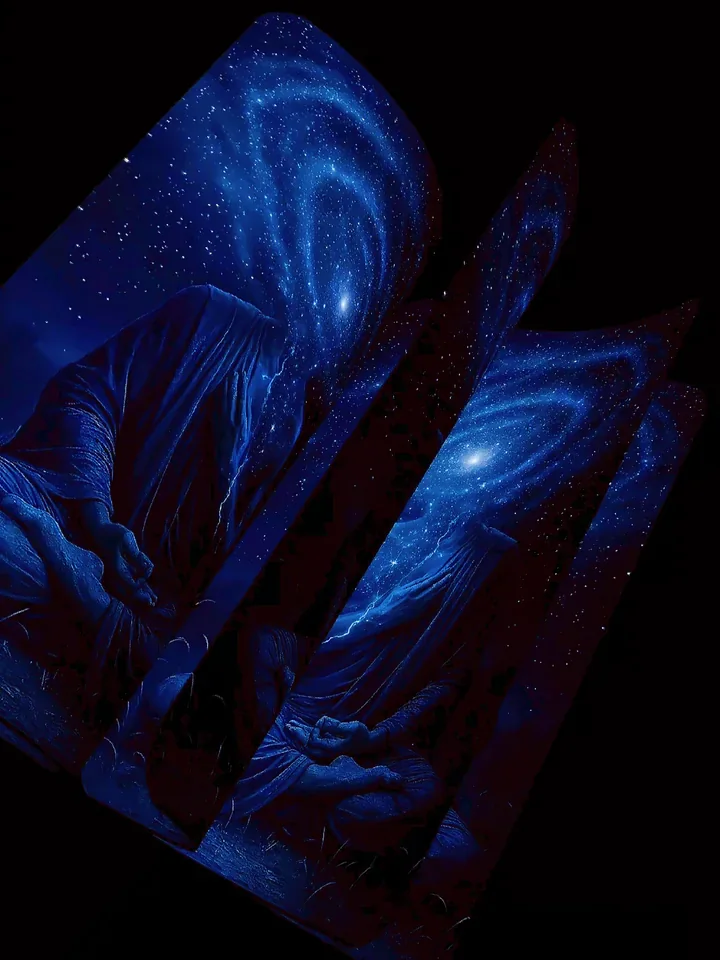 Glowing blue abstract forms against a dark background.