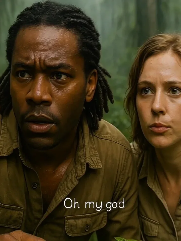A worried man and woman look ahead in a jungle.