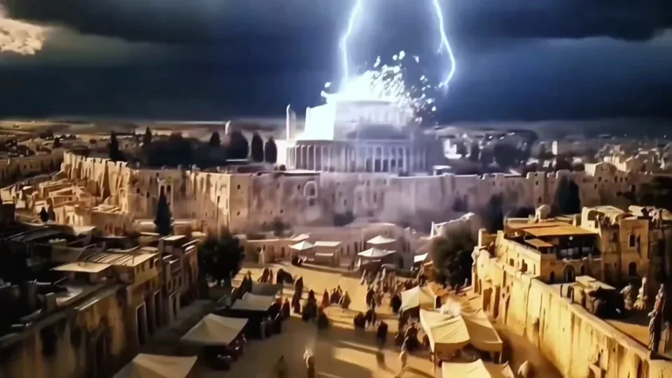 Lightning strikes above an ancient city and its domed building.