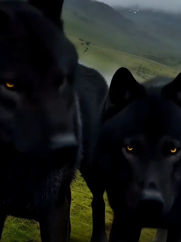 Two black wolves stand in a green mountain landscape.