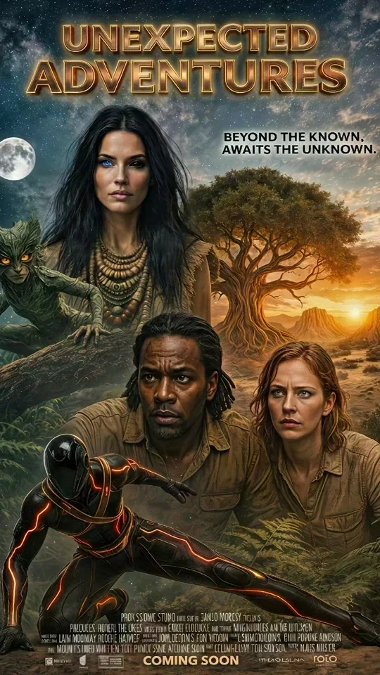 Three characters on the Unexpected Adventures film poster.