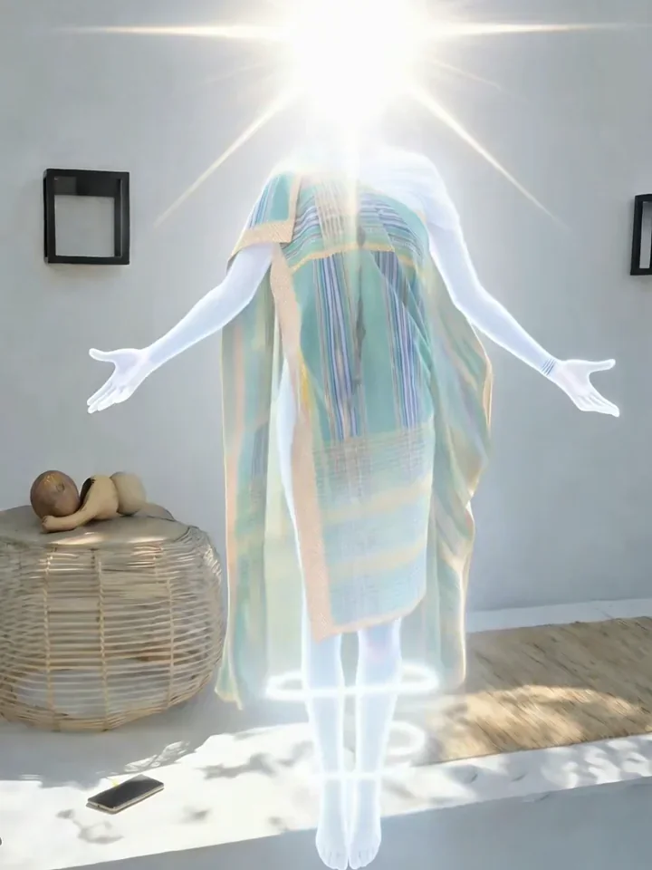 A glowing robed figure stands in a sunlit room.