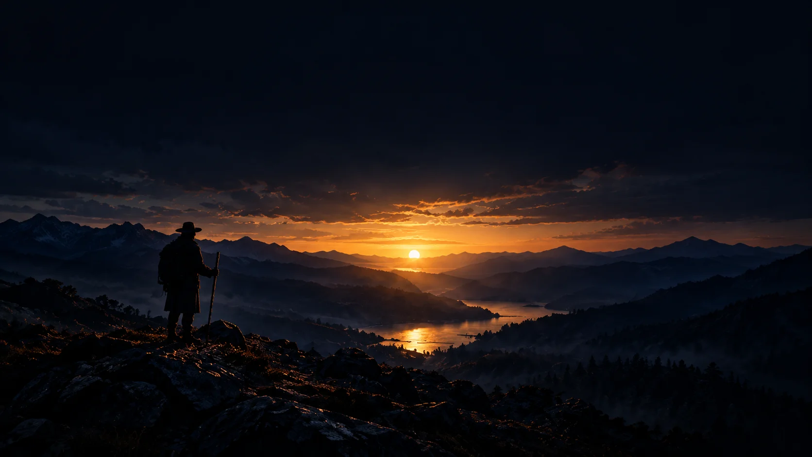 A pilgrim overlooking mountain ranges at sunset
